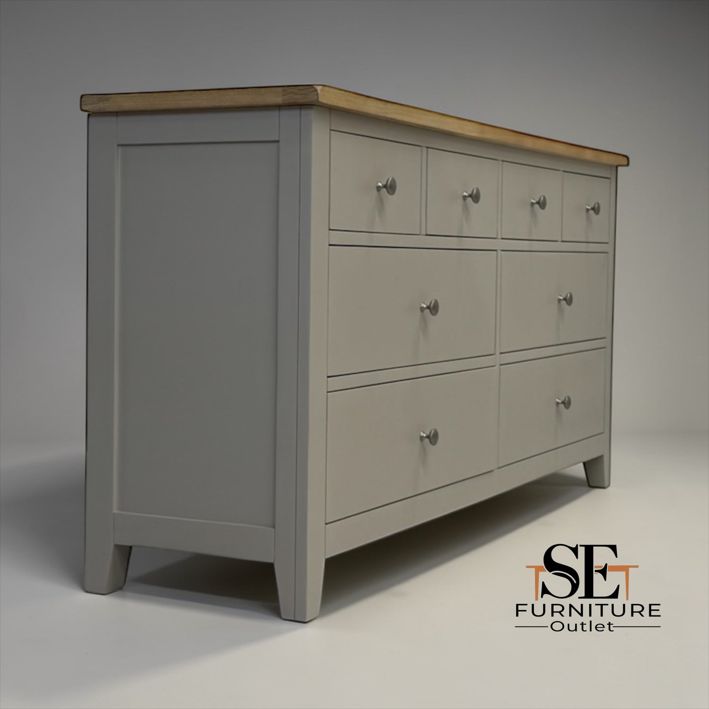 White Wax Finish Oak Top & Solid Wood Frames 8 Drawer Chest, Chester Limestone Range RRP £750