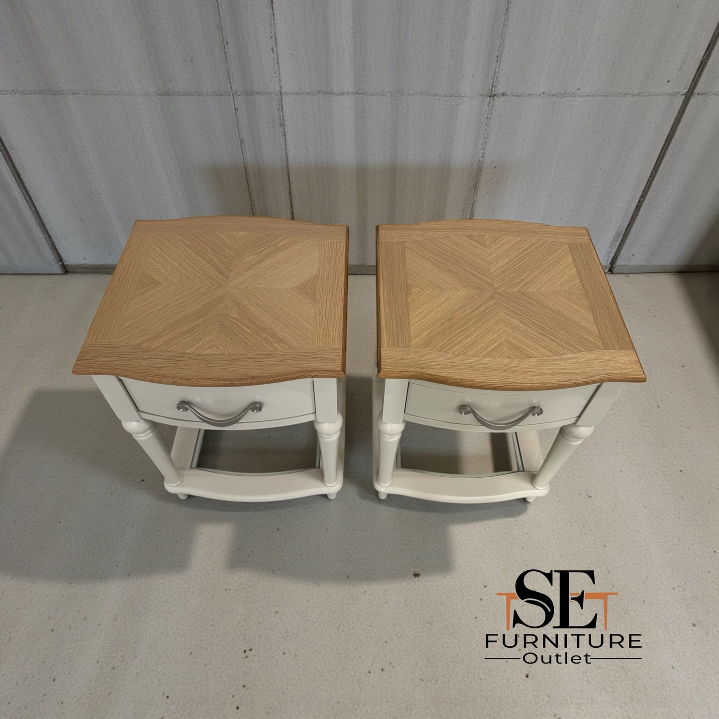 Bentleys Solid Oak & White Painted Bedside Tables With Glass Shelf RRP £624