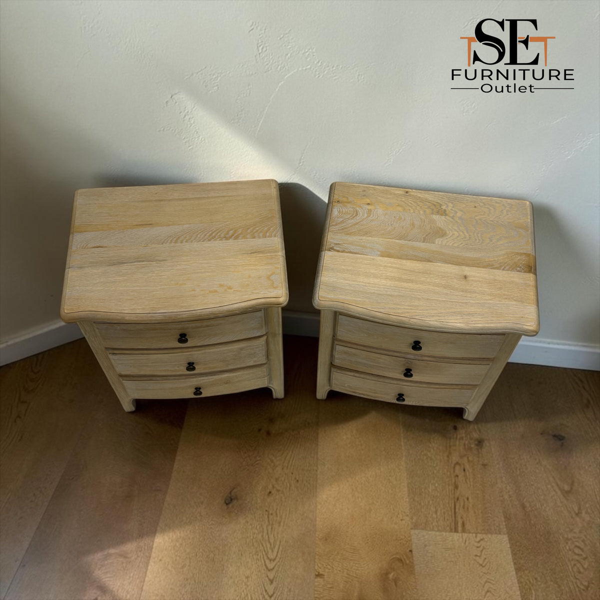 Grey-toned Limewashed Finish Solid Oak & High-Quality Oak Veneer Bedside Tables, Camille Range RRP £799