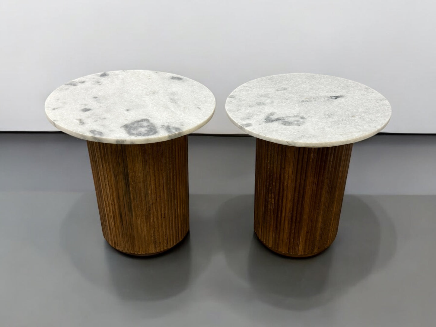 Solid Mango Wood Fluted Base & White Marble Top Side Tables