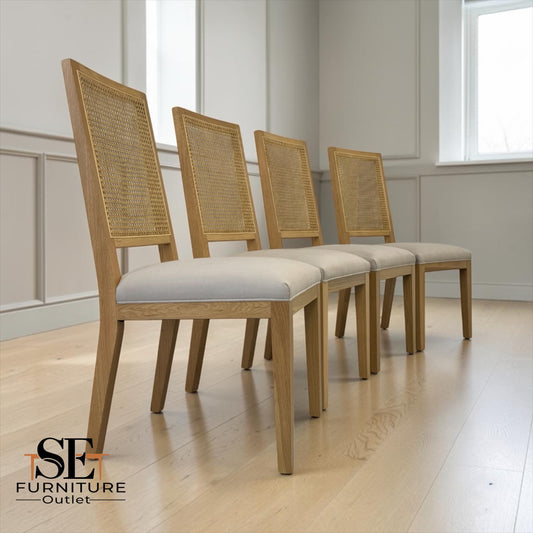 Set of 4 Solid Oak Rattan Back Dining Chairs, Elkstone Mellow Oak Range RRP £796