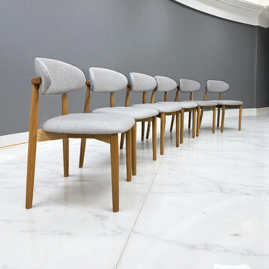 Set of 6 Cloud Grey Fabric Dining Chairs with Oak Legs, From Oak Furnitureland RRP £260 Each