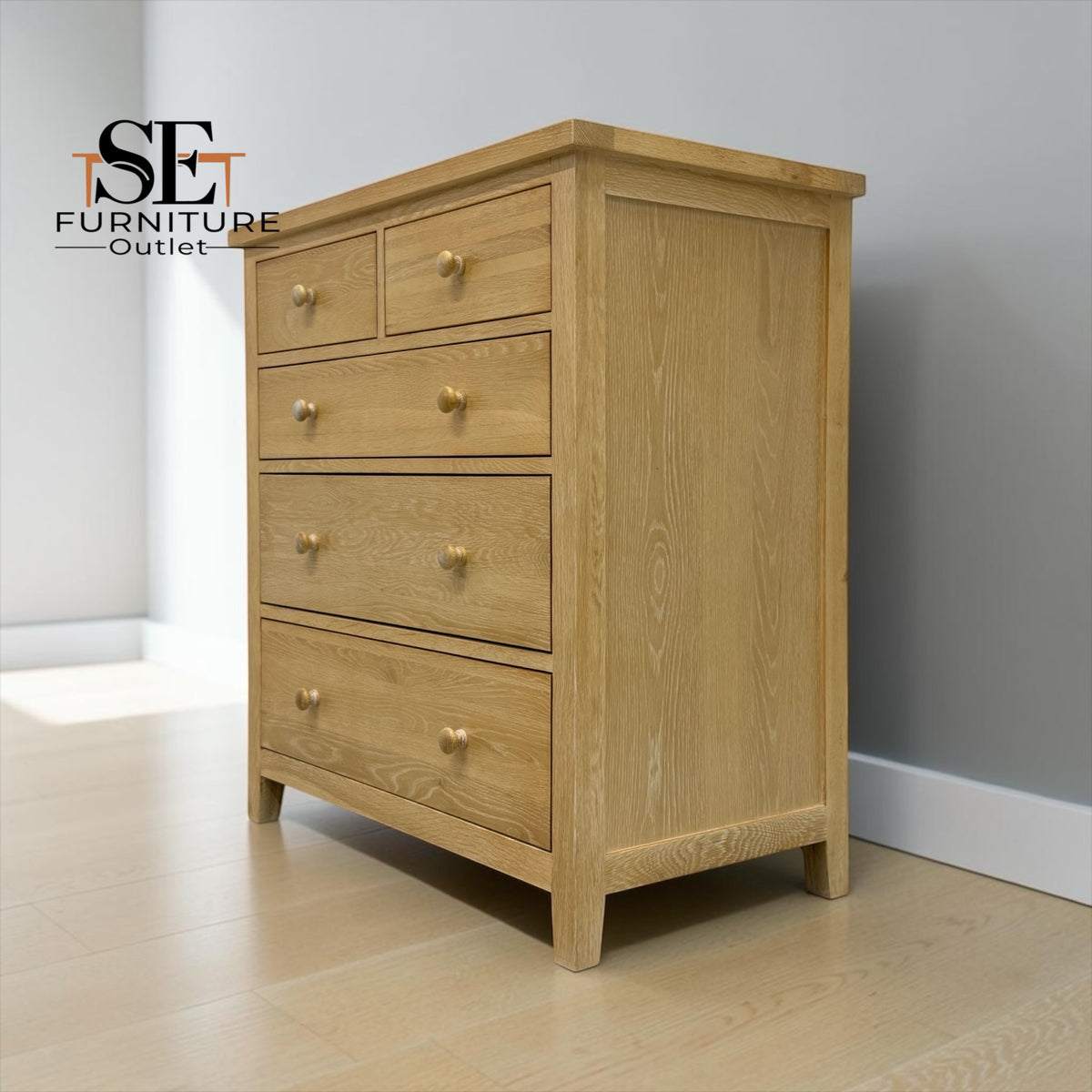 Whitewashed Finish Solid Oak & Quality Oak Veneer 5 Drawer Chest, Inglesham Range, RRP £599