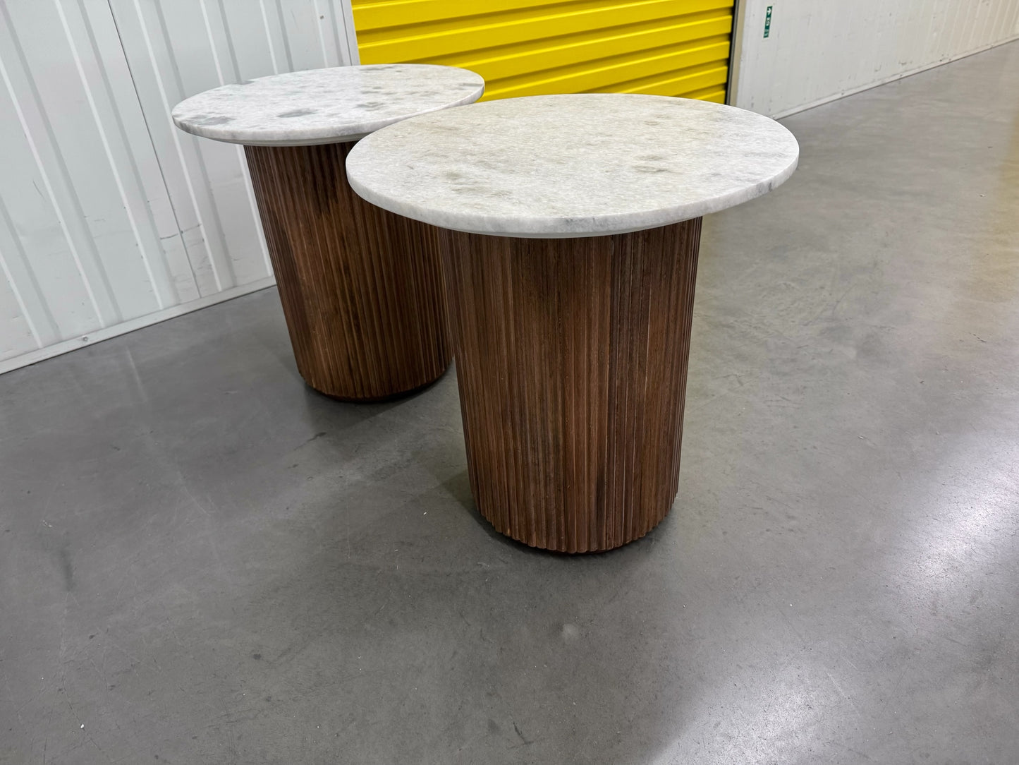 Solid Mango Wood Fluted Base & White Marble Top Side Tables