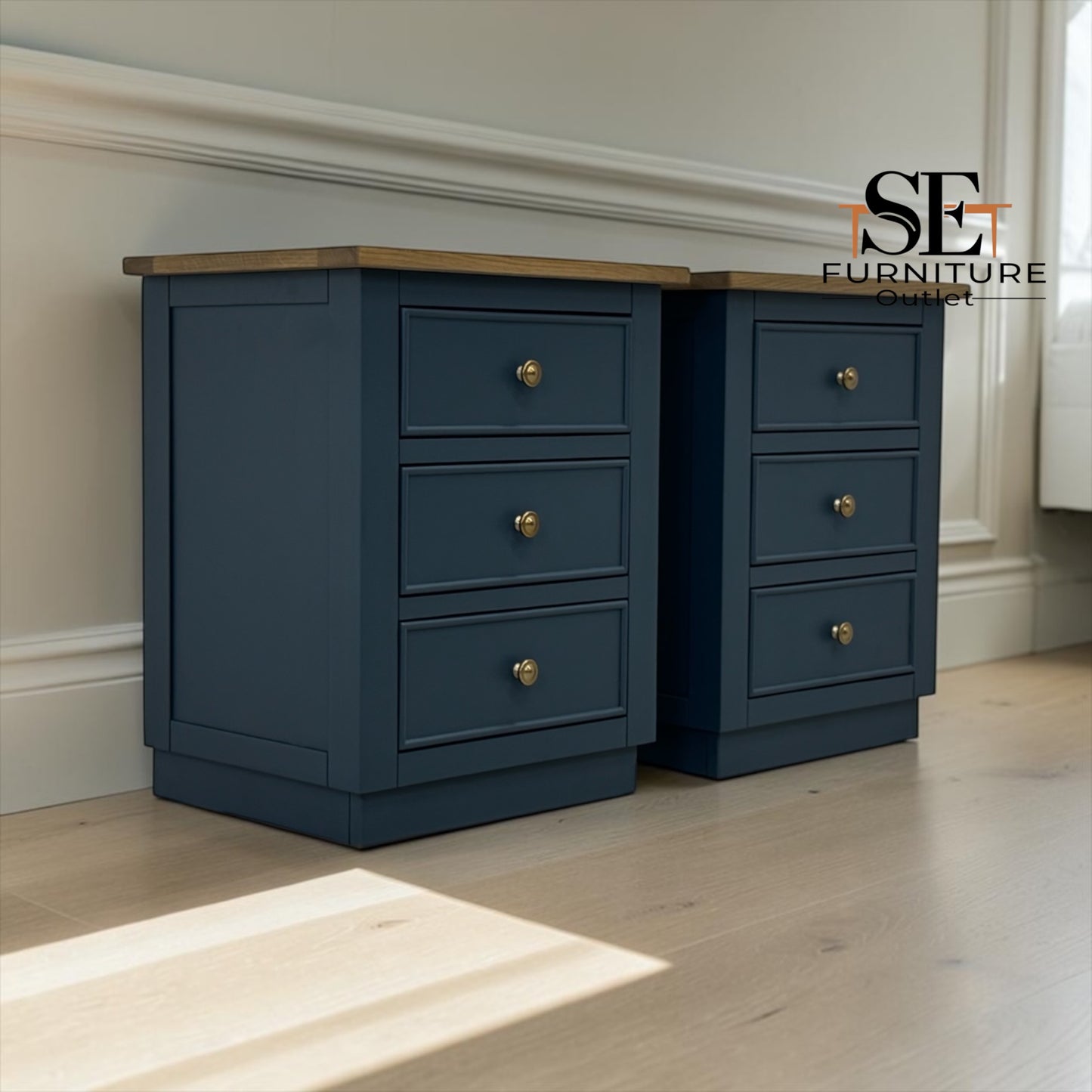 Set of 2 Solid Oak & Ink Blue Painted Bedside Tables, Richmond Range by Oak Furnitureland RRP £598