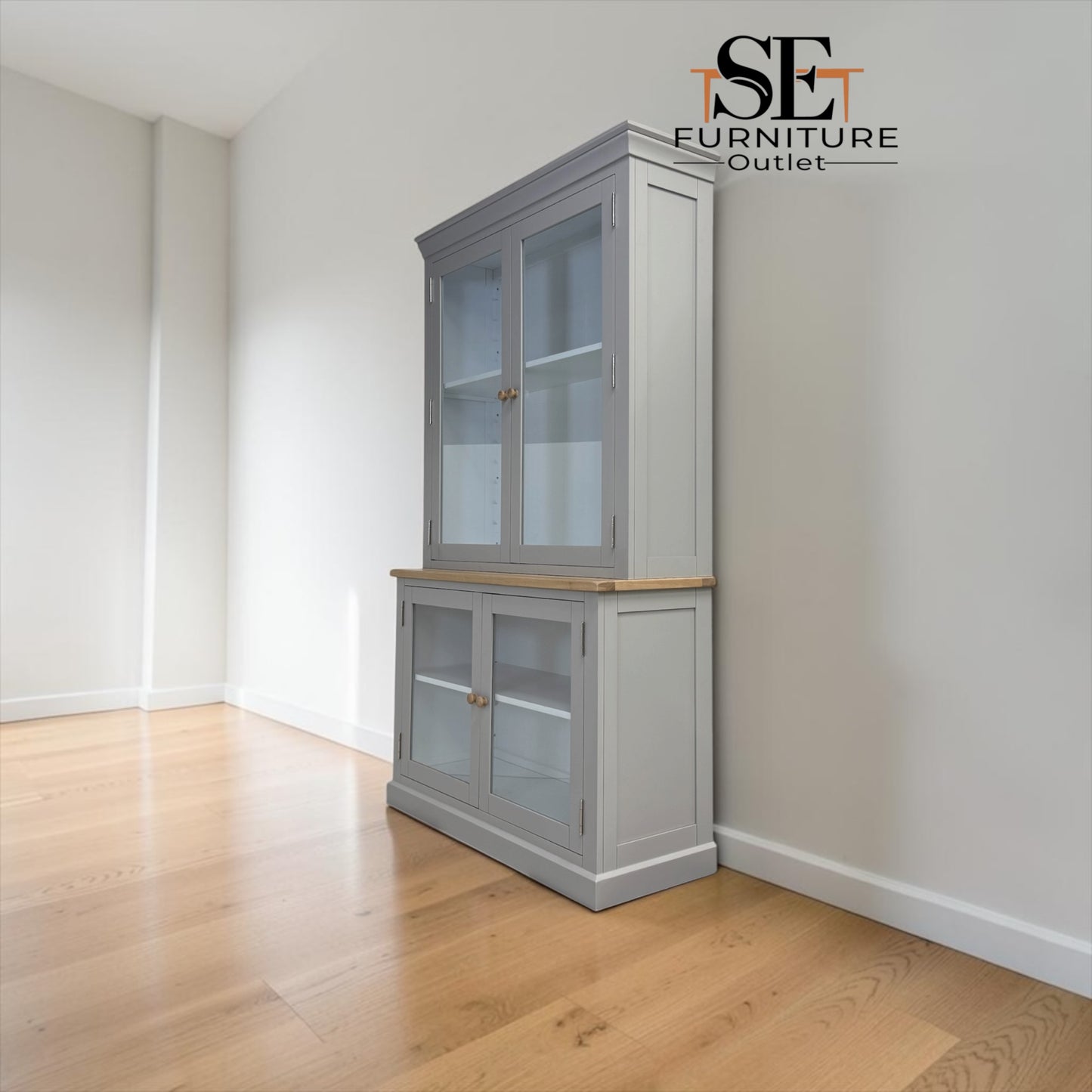 Solid Oak Top & Solid Wood Frames Large Glazed Dresser, Chester Dove Grey Range RRP £1199
