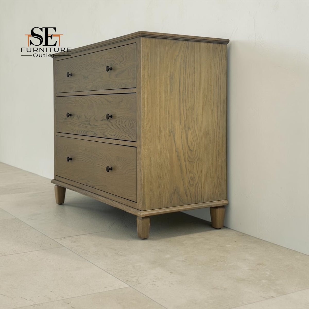 Smoked Solid Oak & Oak Veneer 3 Drawer Chest of Drawers, Bibury Smoked Oak Range, RRP £699