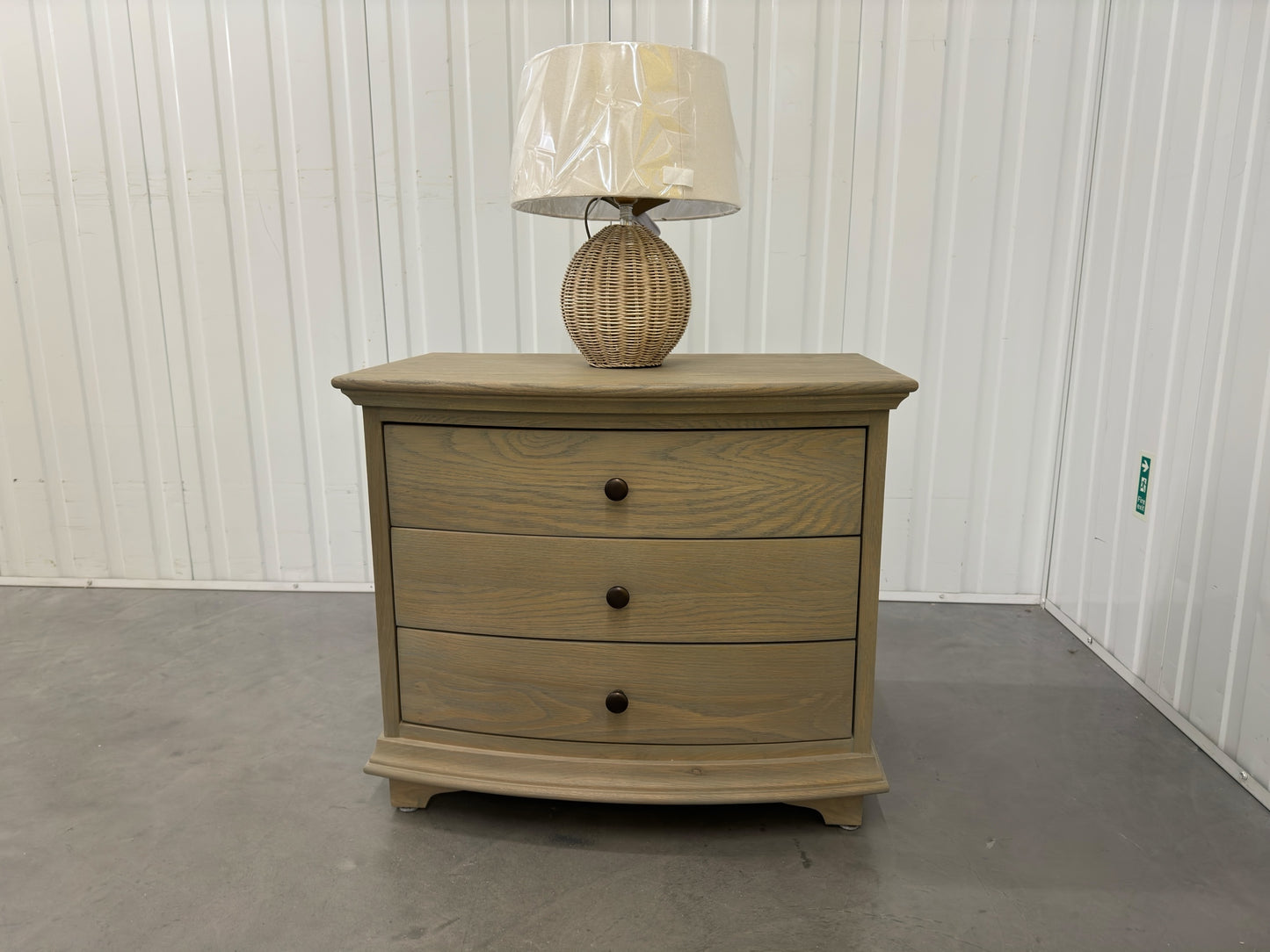 Smoked Oak 3 Drawer Wide Bow Fronted Bedside Table RRP £399