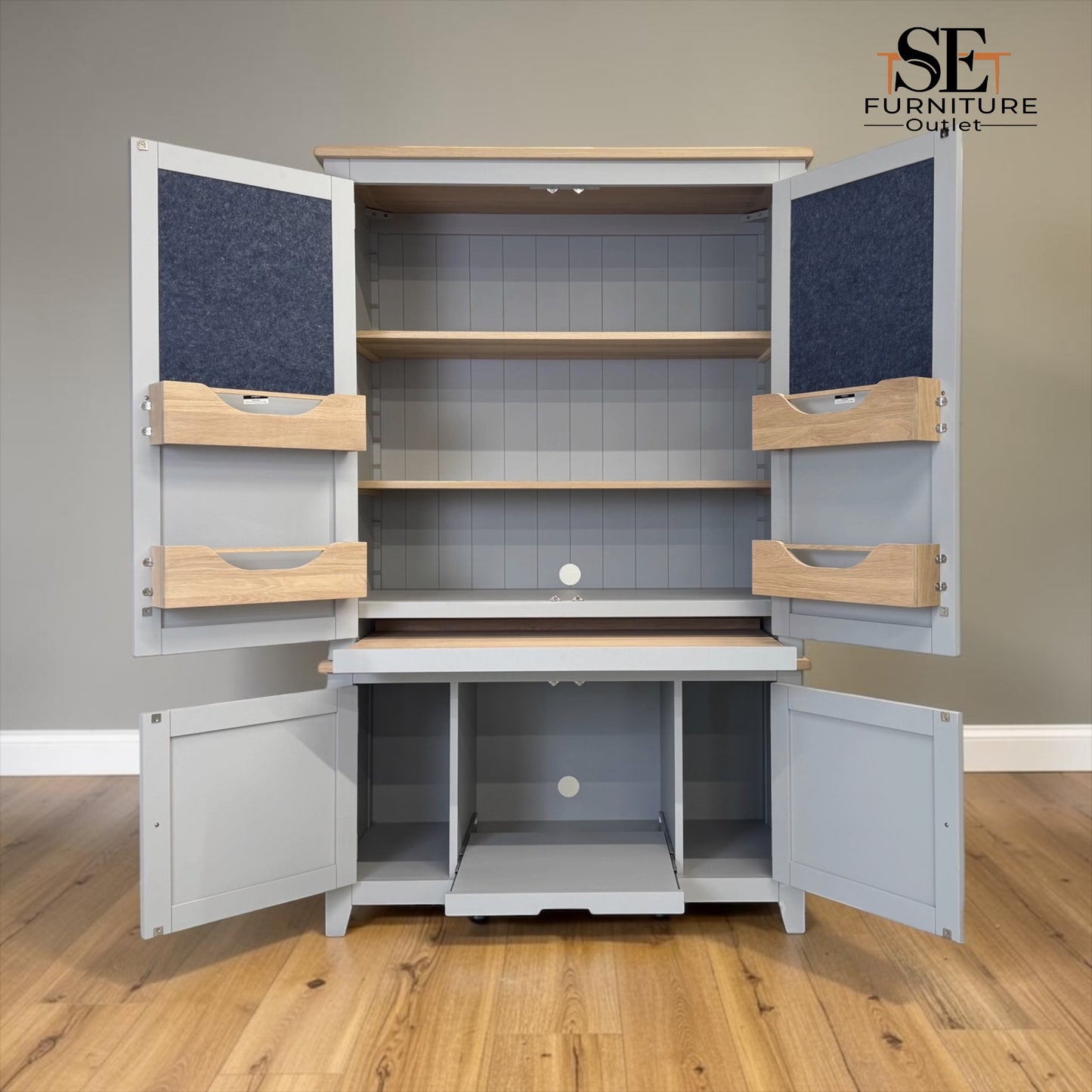 Solid Oak Top & Solid Wood Frames Hideaway Home Office, Chester Dove Grey Range RRP £1799