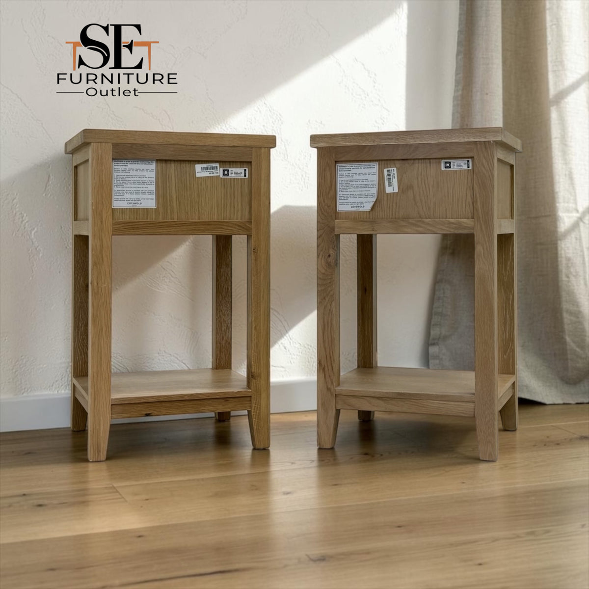 Set of 2 Whitewashed Finish Solid Oak & Oak Veneer 1 Drawer Bedside Tables, Inglesham Range RRP £398