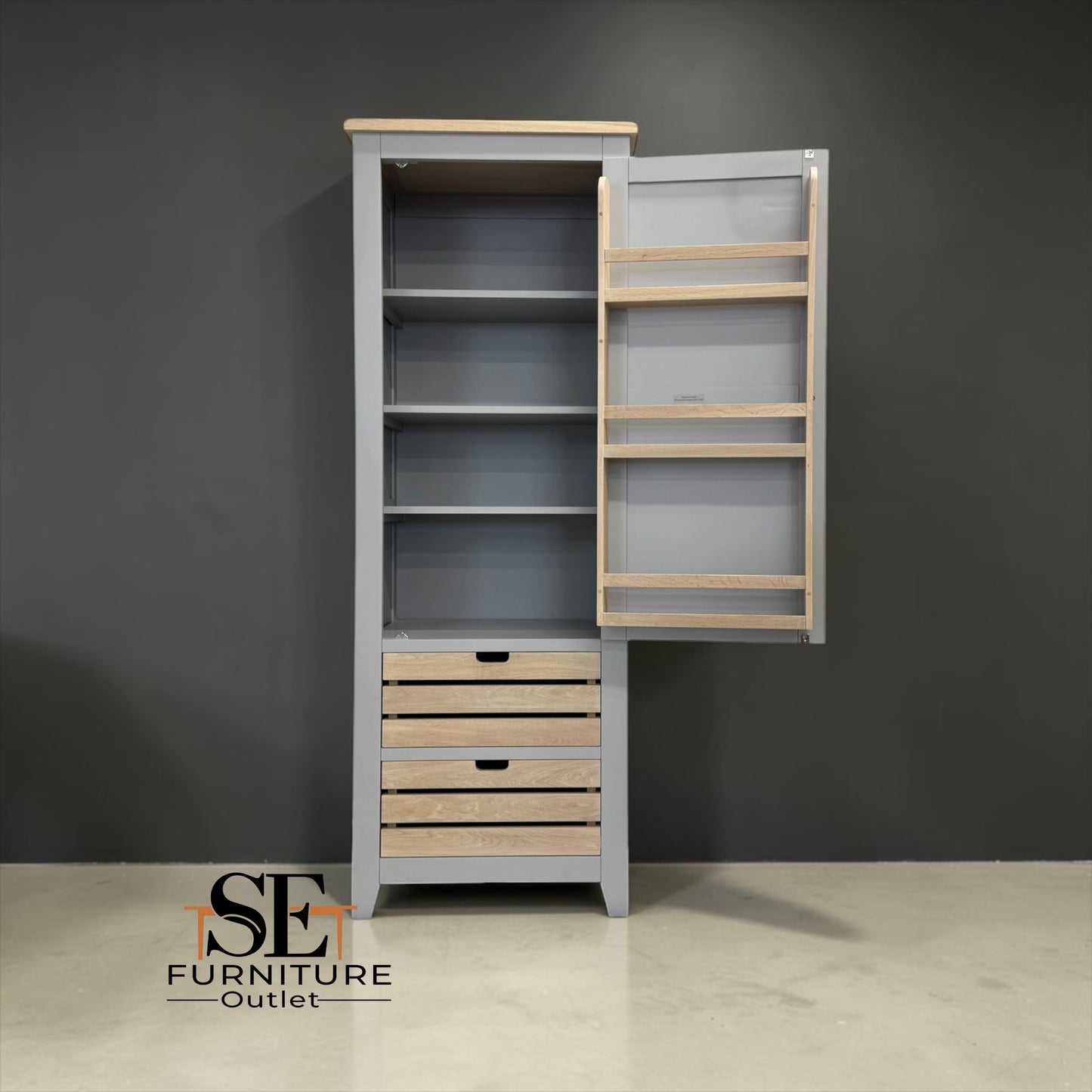 Solid Oak Top & Solid Wood Frames Narrow Larder, Chester Dove Grey RRP £999