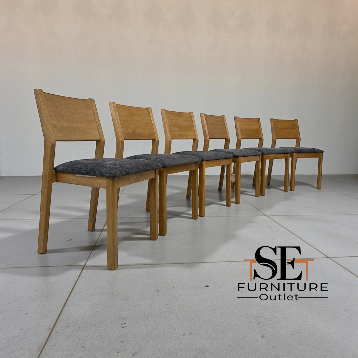 Set of 6 Natural Oak Dining Chairs with Grey Crushed Seat Pads, Ellison Range from Oak Furnitureland, RRP £200 Each.