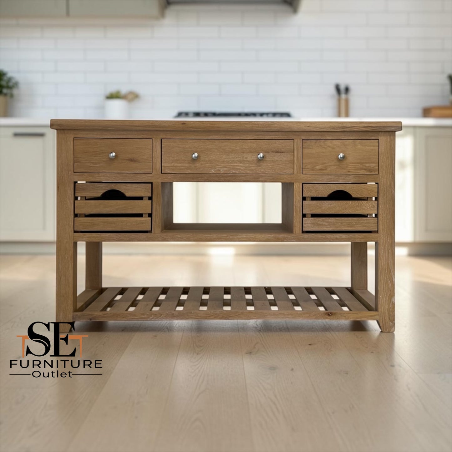 Whitewashed Finish Solid Oak & Oak Veneer Kitchen Island with Marble Top, Inglesham Range RRP £1399