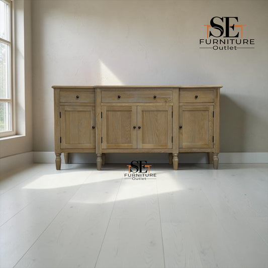Grey-toned Limewashed Finish Solid Oak & Quality Oak Veneer Extra Large Sideboard, Camille Range, RRP £1400