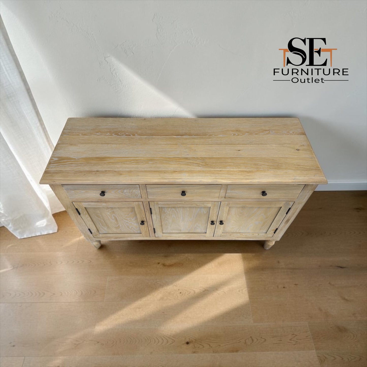 Grey-toned Limewashed Finish Solid Oak & High-Quality Oak Veneer 3 Door Sideboard, Camille Range, RRP £1099