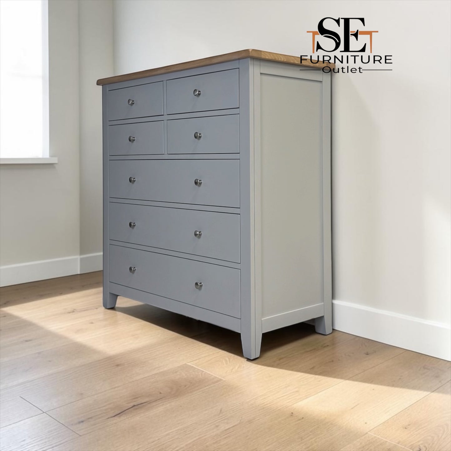 Solid Oak Top & Solid Wood Frames 7 Drawer Chest, Chester Dove Grey Range RRP £799