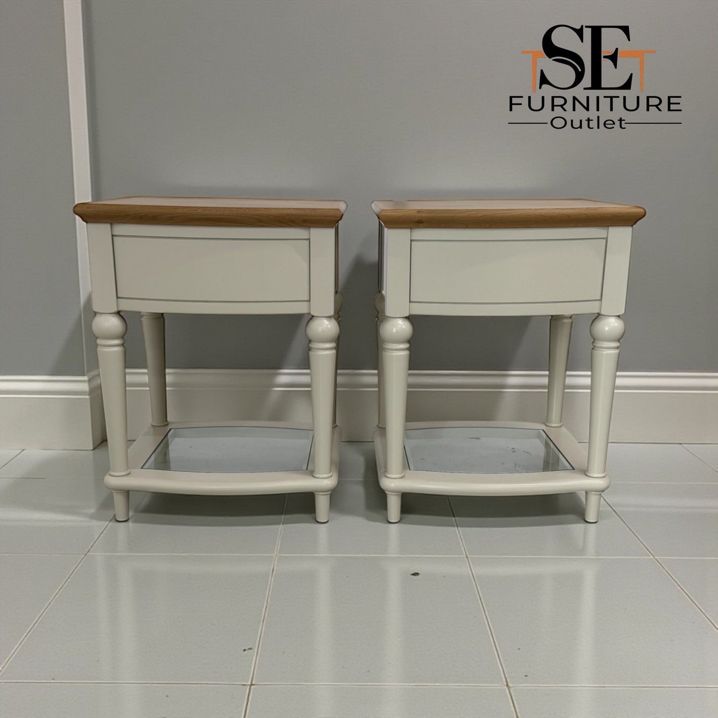 Bentleys Solid Oak & White Painted Bedside Tables With Glass Shelf RRP £624