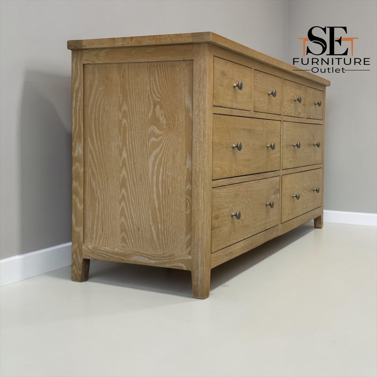 Whitewashed Finish Solid Oak & Oak Veneer 8 Drawer Wide Chest, Inglesham Range, RRP £850
