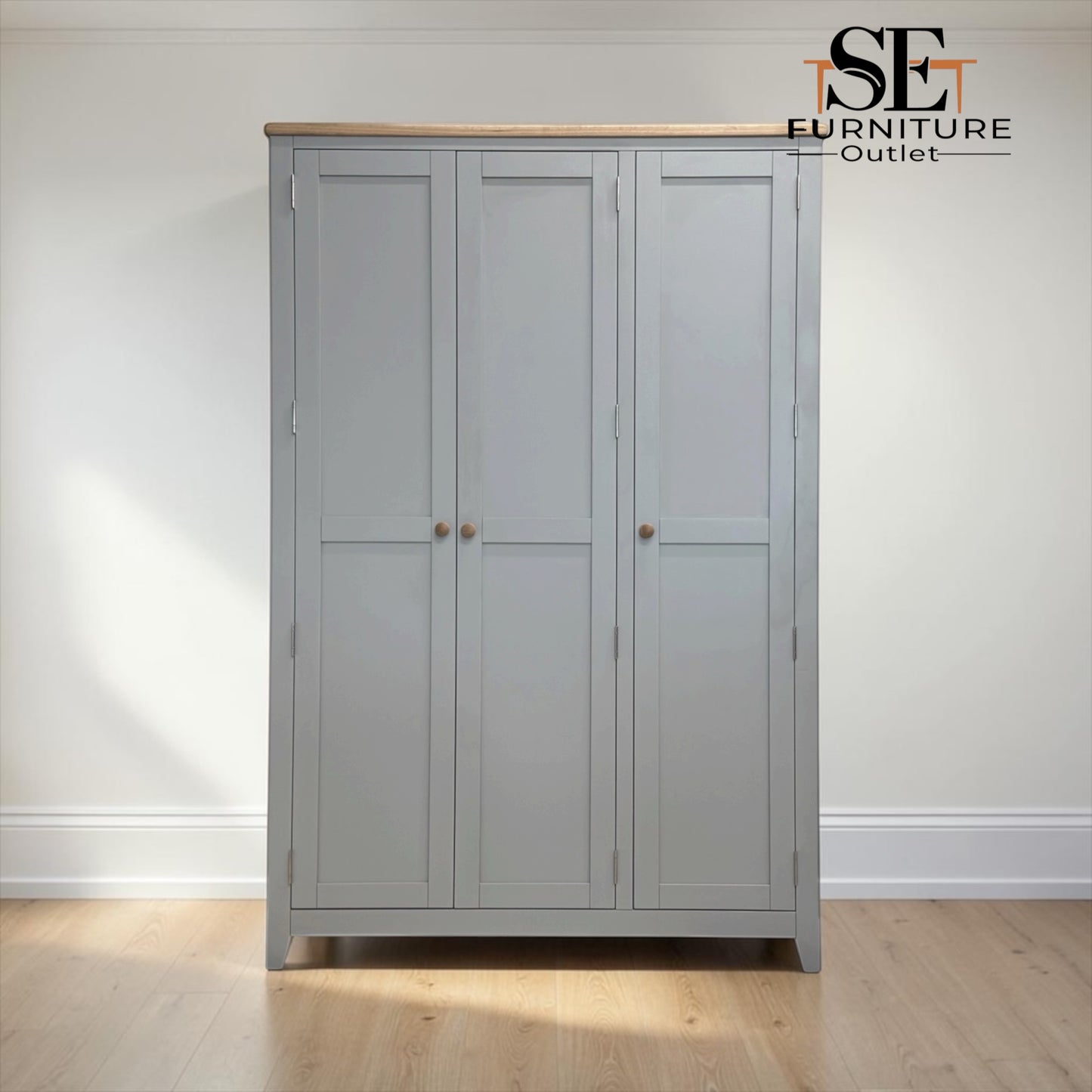 Solid Oak Top & Solid Wood Frames 3 Door Hallway Cupboard, Chester Dove Grey Range RRP £1325