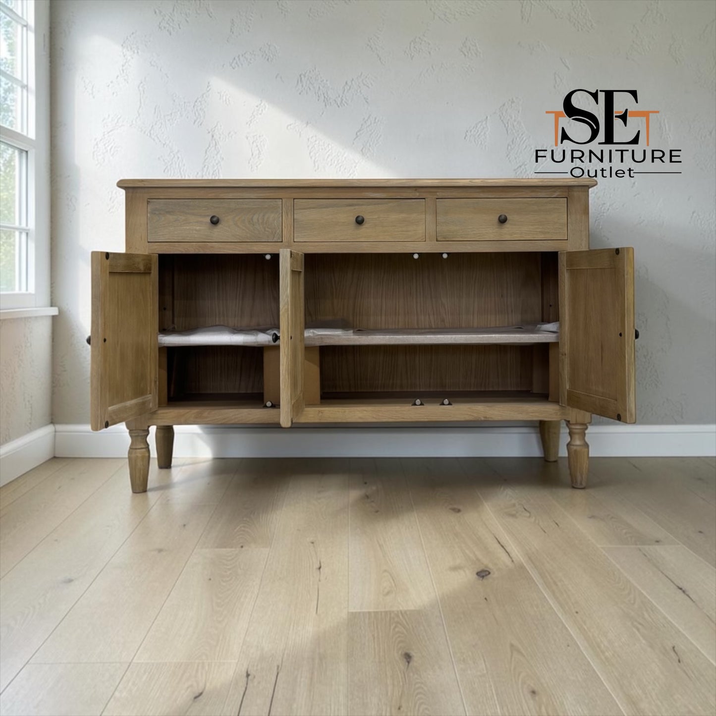 Grey-toned Limewashed Finish Solid Oak & High-Quality Oak Veneer 3 Door Sideboard, Camille Range, RRP £1099