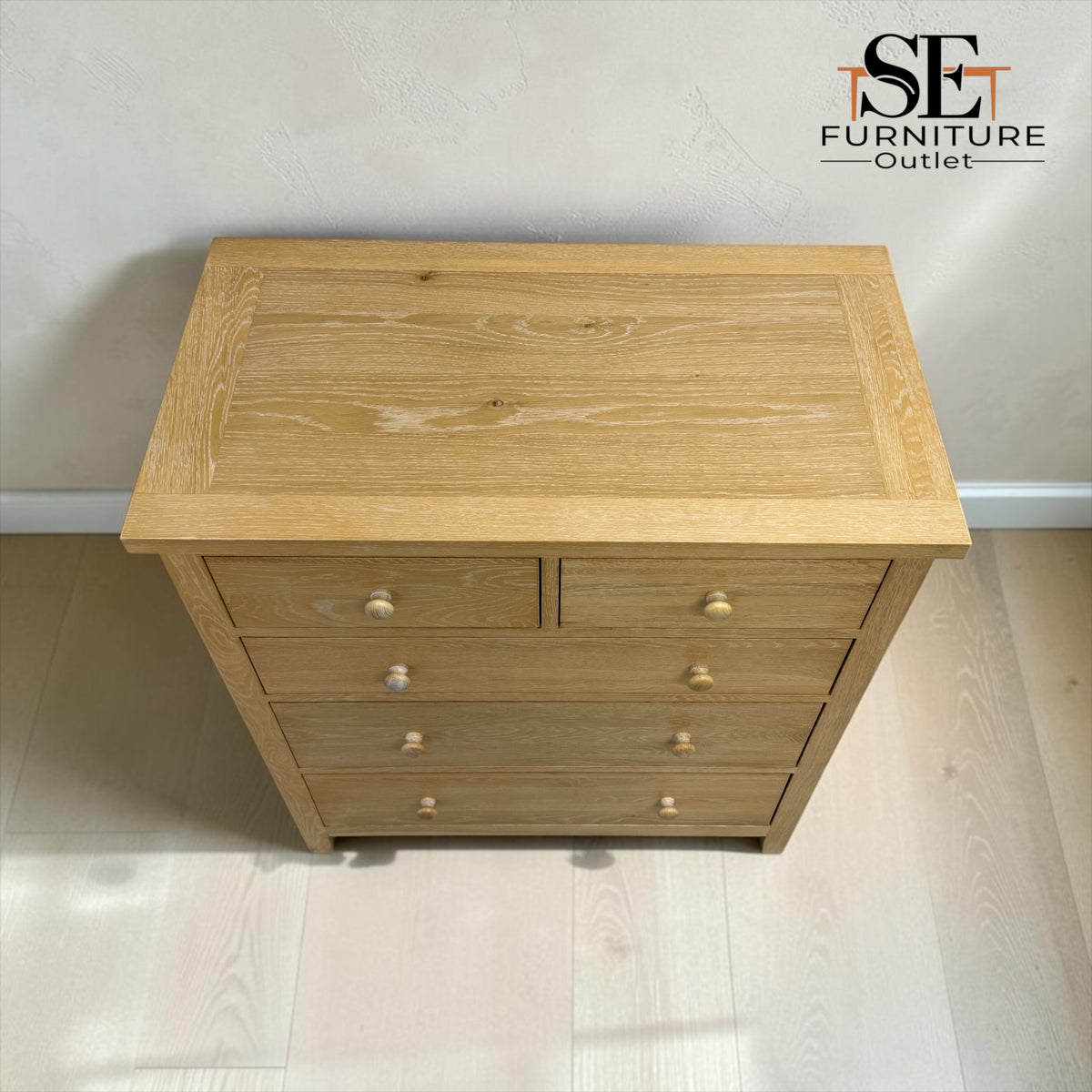 Whitewashed Finish Solid Oak & Quality Oak Veneer 5 Drawer Chest, Inglesham Range, RRP £599
