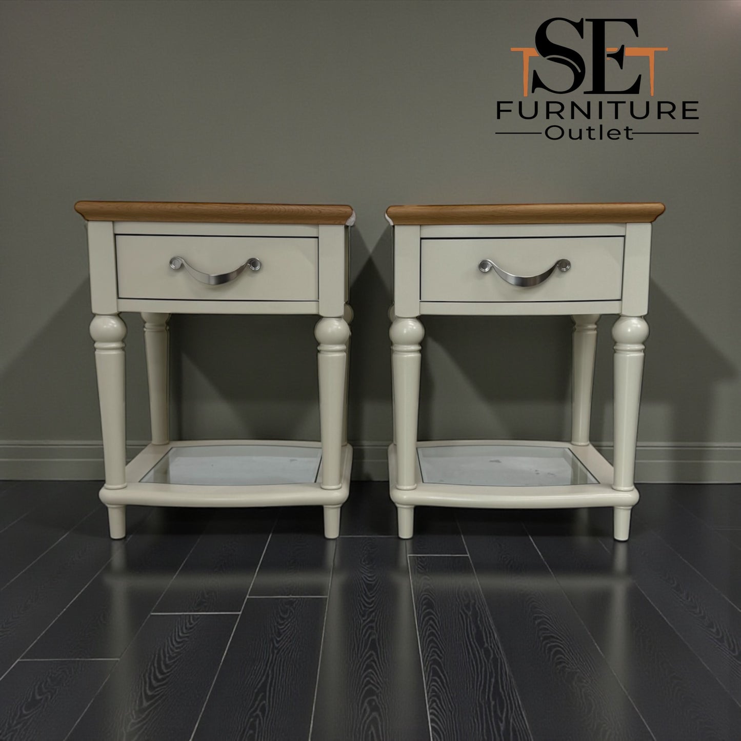 Bentleys Solid Oak & White Painted Bedside Tables With Glass Shelf RRP £624