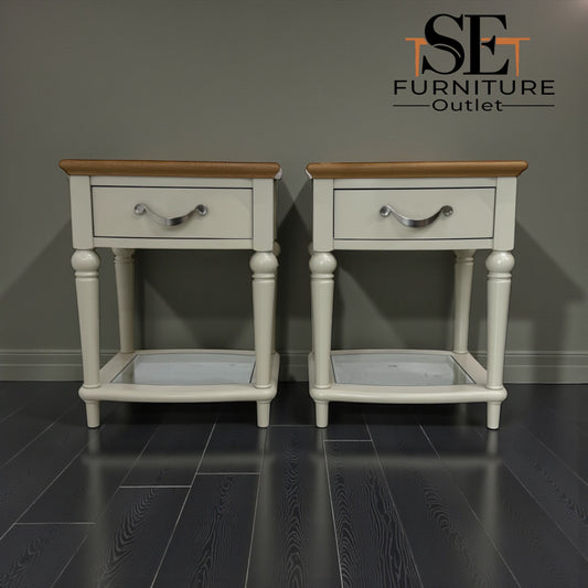 Bentleys Solid Oak & White Painted Bedside Tables With Glass Shelf RRP £624