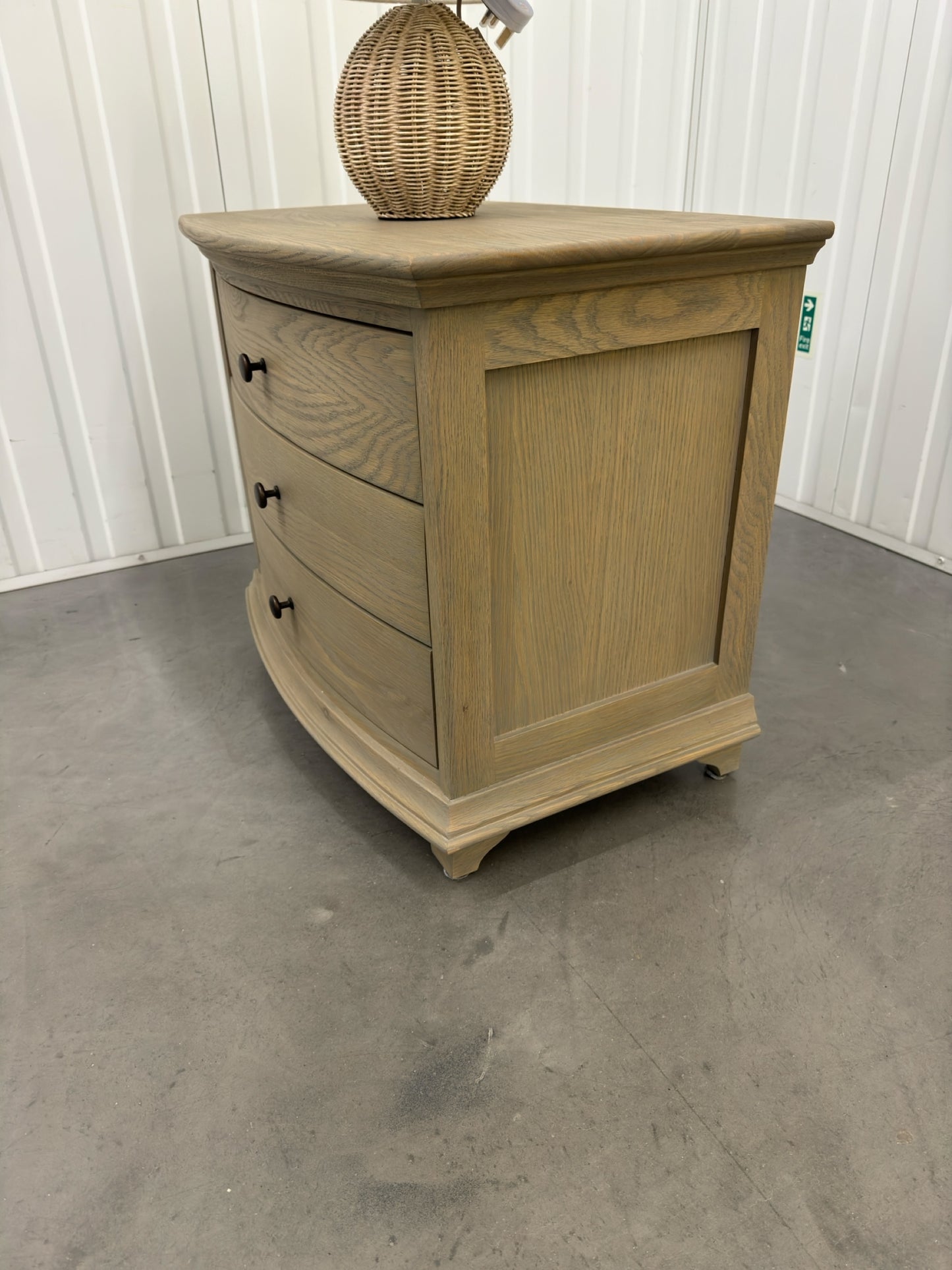 Smoked Oak 3 Drawer Wide Bow Fronted Bedside Table RRP £399