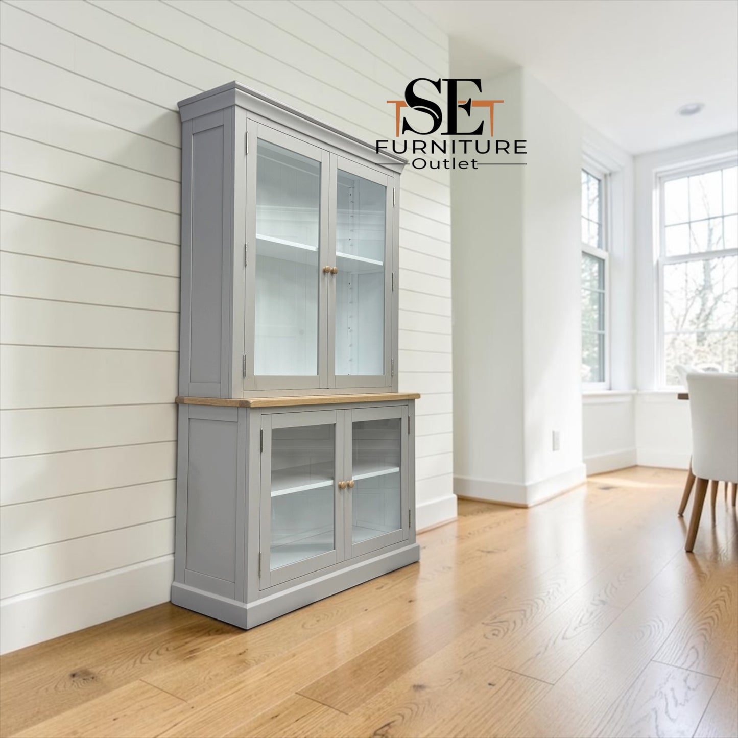 Solid Oak Top & Solid Wood Frames Large Glazed Dresser, Chester Dove Grey Range RRP £1199