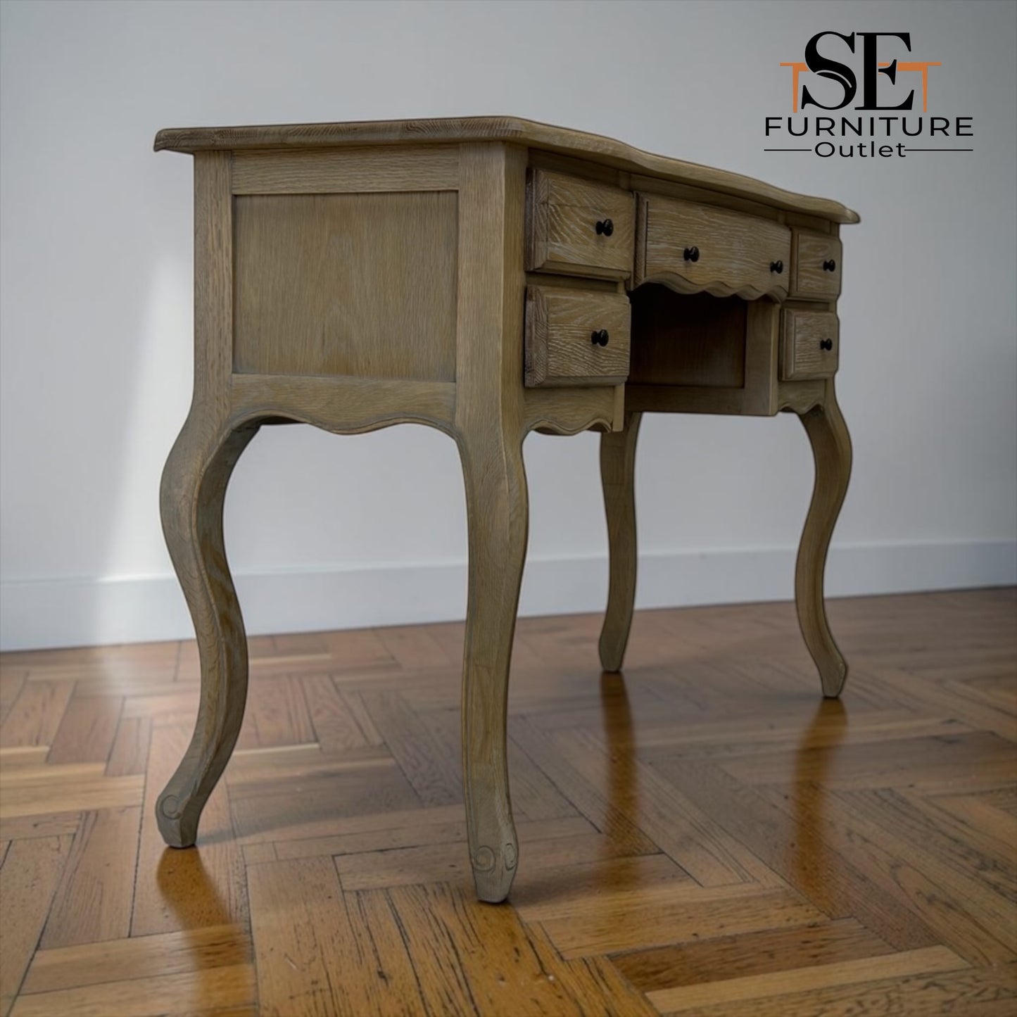 Grey-toned Limewashed Finish Solid Oak & High-Quality Oak Veneer Dressing Table, Camille Range RRP £799
