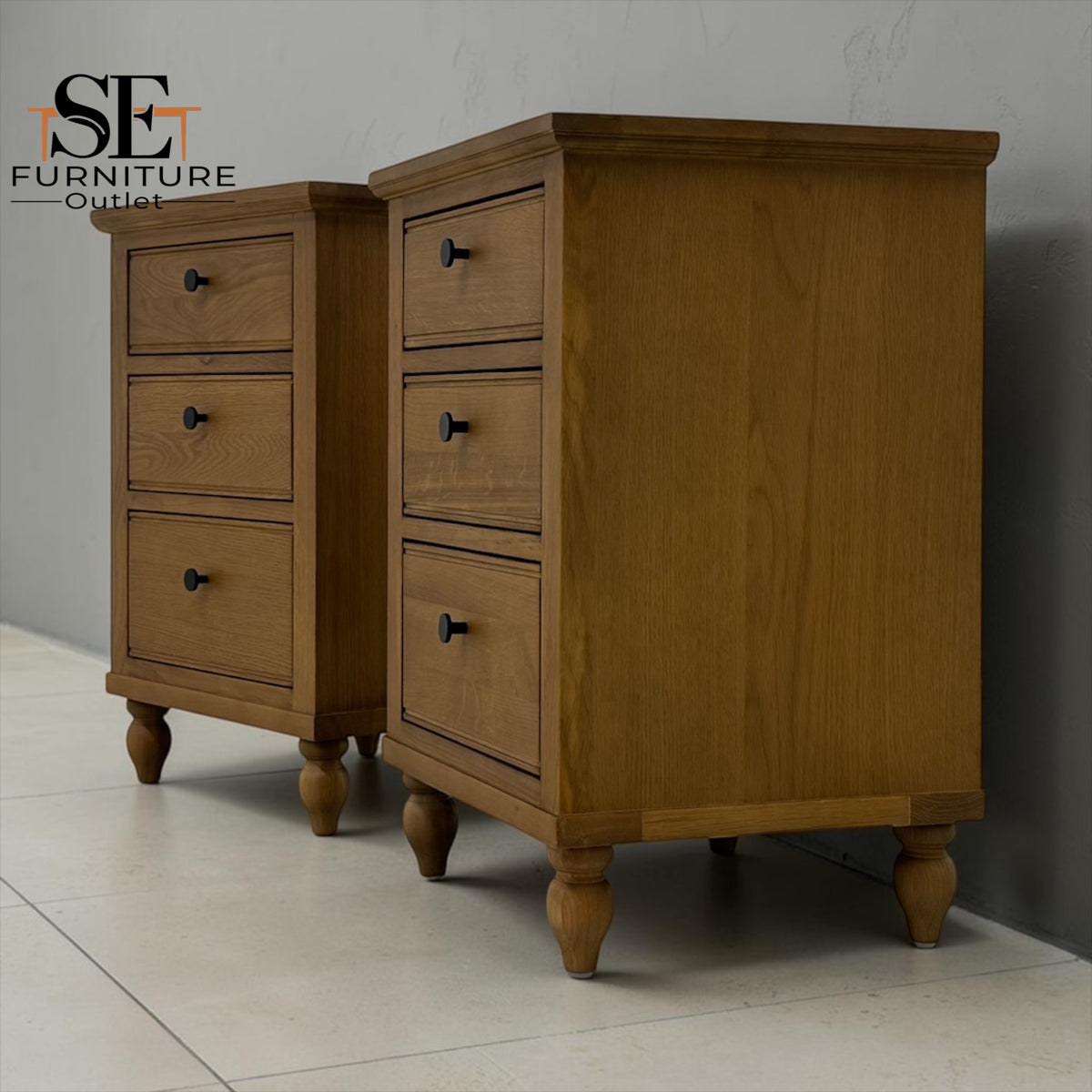 Set of 2 Solid Oak & Oak Veneer 3 Drawer Bedside Tables , Elkstone Mellow Oak Range, RRP £558