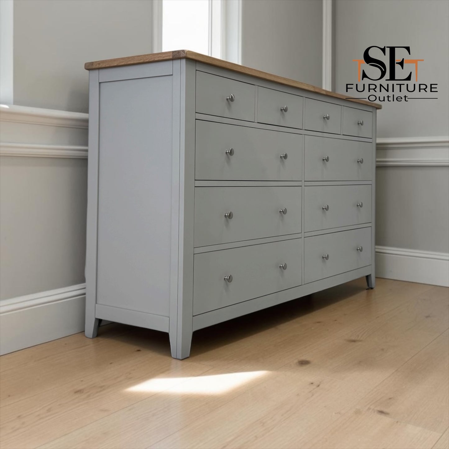 White Wax Finished Oak Top & Solid Wood Frames 10 Drawer Chest, Chester Dove Grey Range RRP £1099