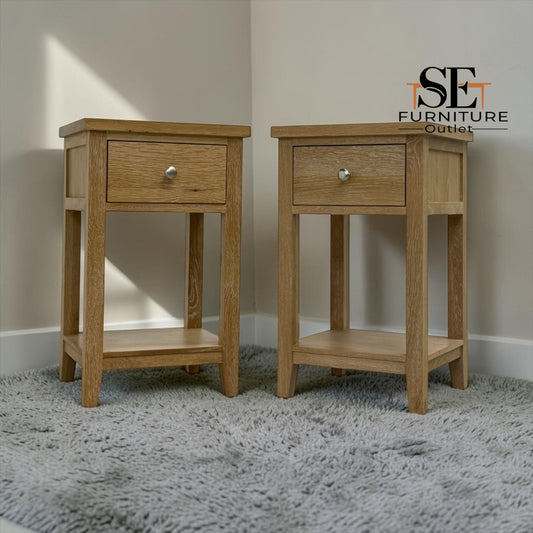Set of 2 Whitewashed Finish Solid Oak & Oak Veneer 1 Drawer Bedside Tables, Inglesham Range RRP £398
