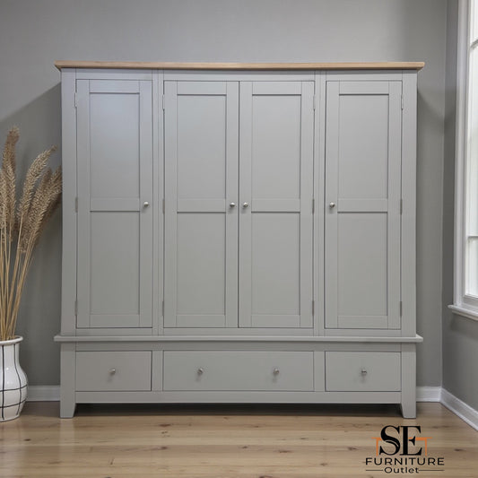 Solid Oak Top & Solid Wood Frames Quad Wardrobe, Chester Dove Grey Range RRP £1799