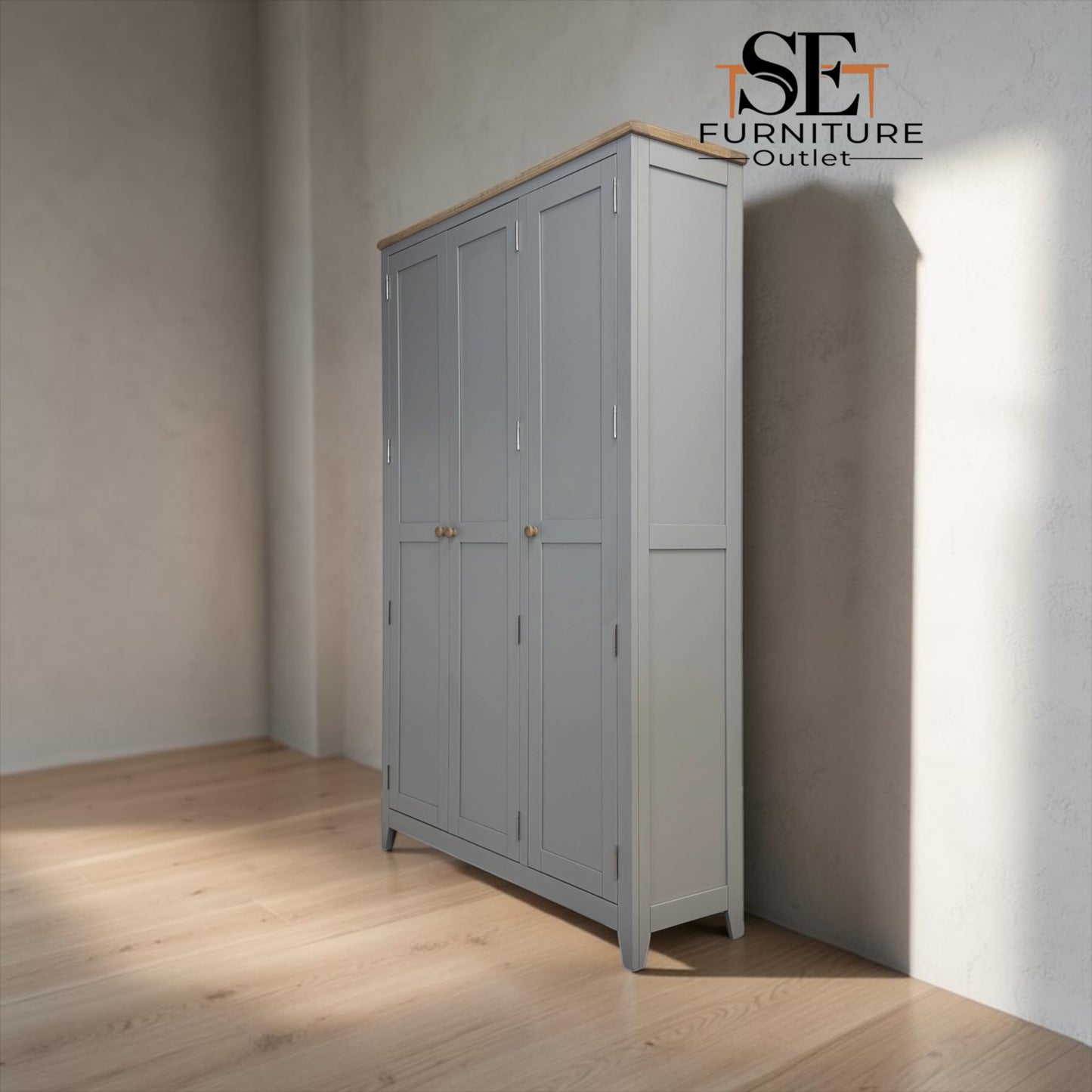 Solid Oak Top & Solid Wood Frames 3 Door Hallway Cupboard, Chester Dove Grey Range RRP £1325