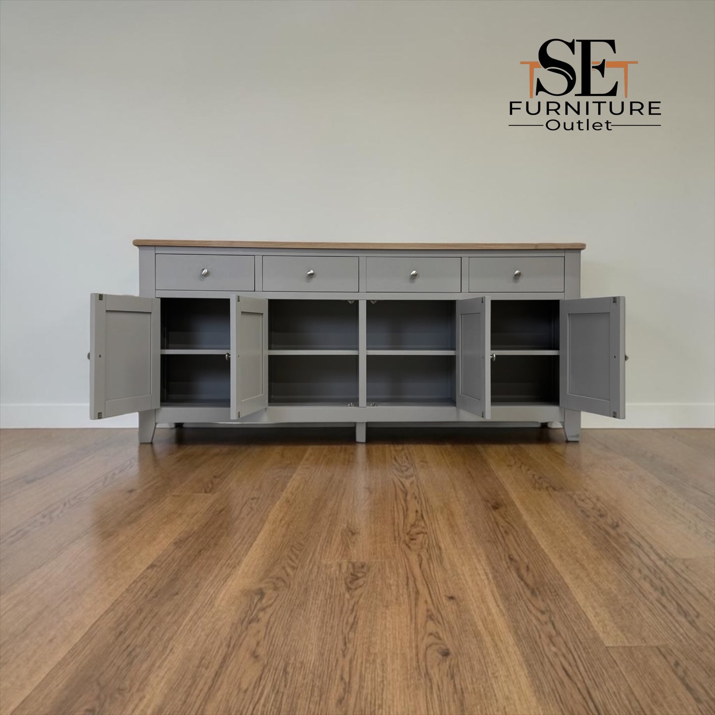White Wax Finished Oak Top & Solid Wood Frames Extra Large Sideboard, Chester Dove Grey Range RRP £899