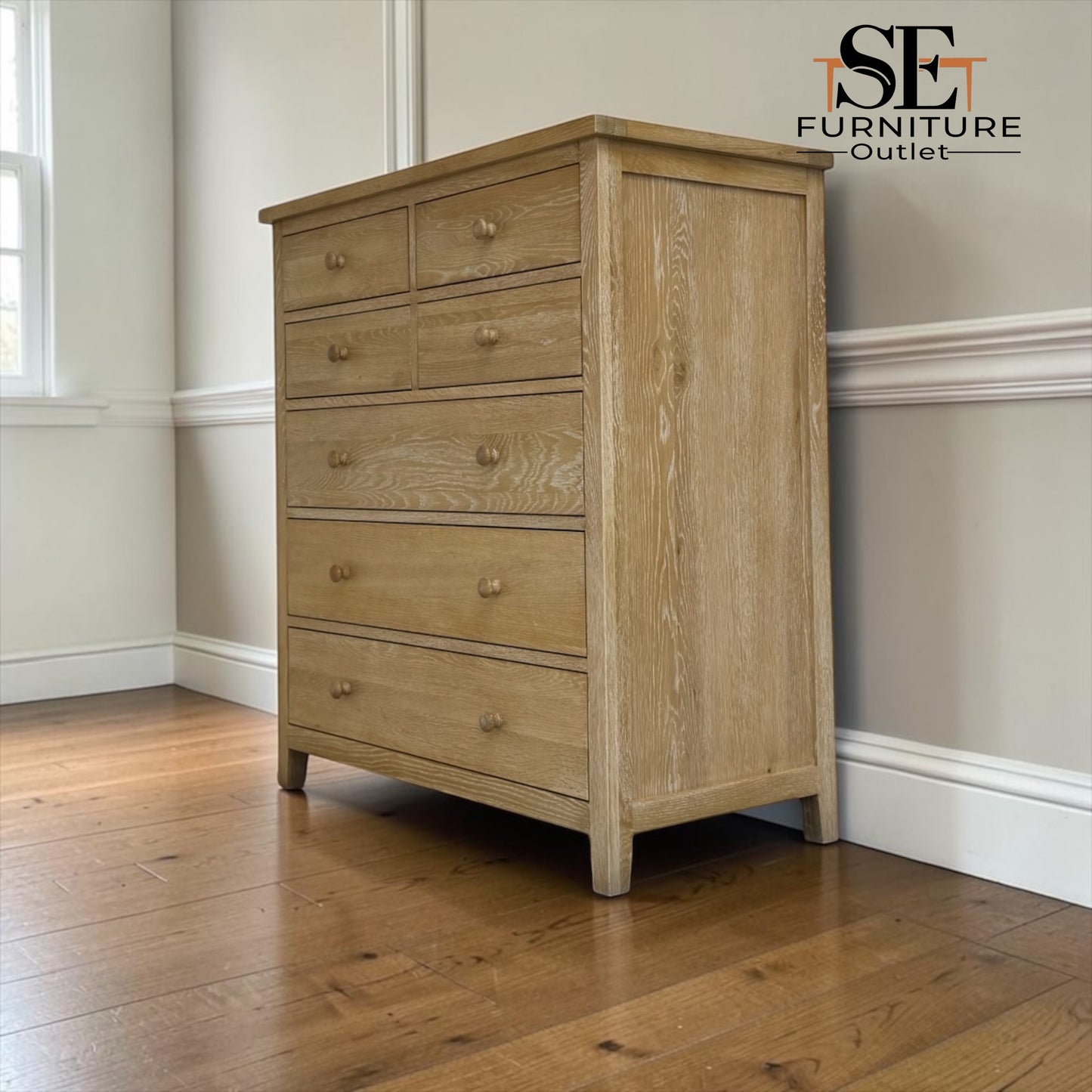 Whitewashed Finish Solid Oak & Quality Oak Veneer 7 Drawer Chest, Inglesham Range, RRP £899