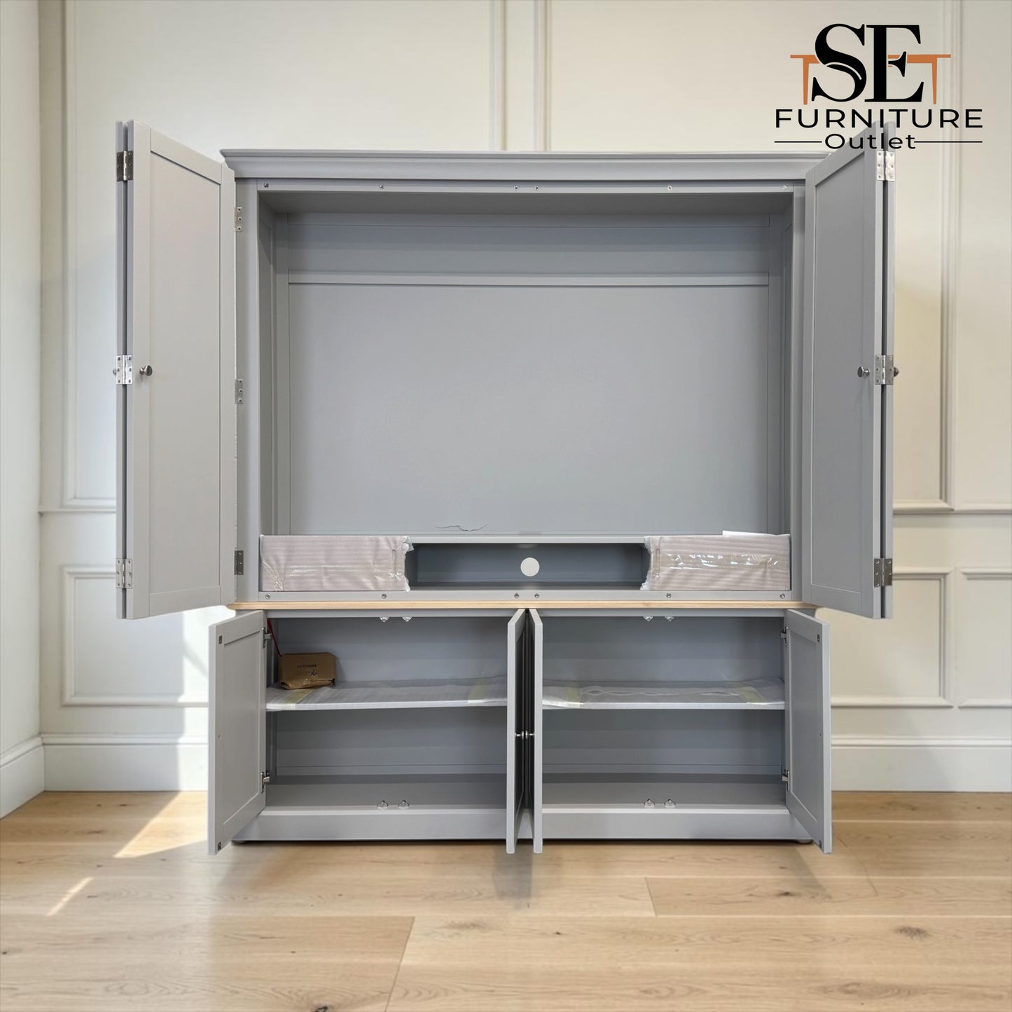 Oak & Solid Wood Frames Dove Grey Painted Hideaway Media Unit RRP £1900