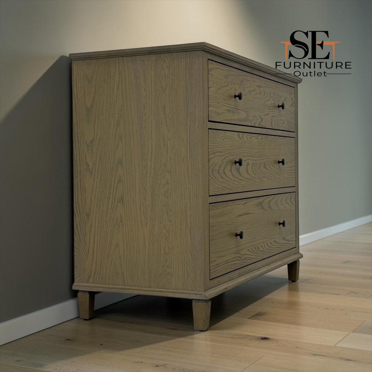 Smoked Solid Oak & Oak Veneer 3 Drawer Chest of Drawers, Bibury Smoked Oak Range, RRP £699