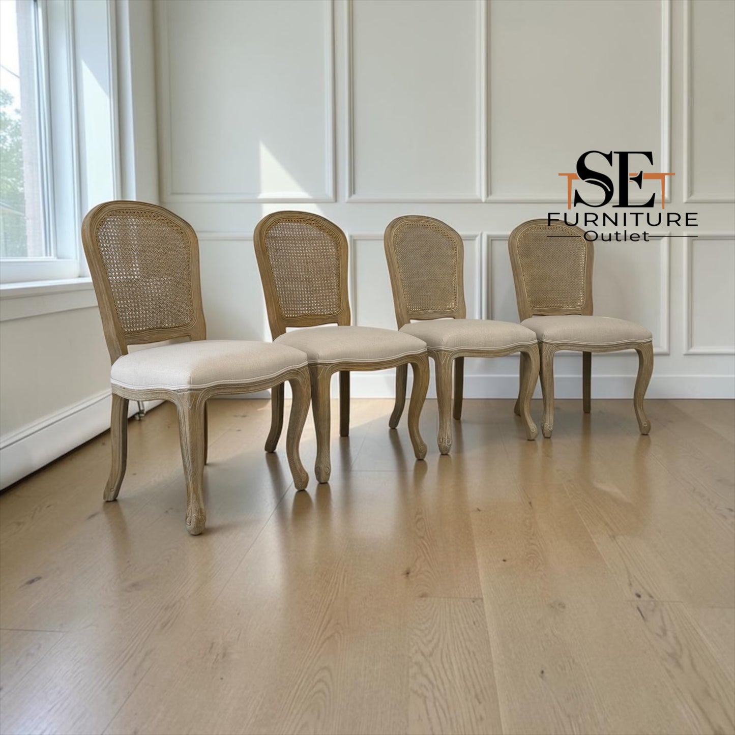 Set of 4 Grey-toned Limewashed Finish Solid Oak Rattan Back Dining Chairs, Camille Range RRP £1196