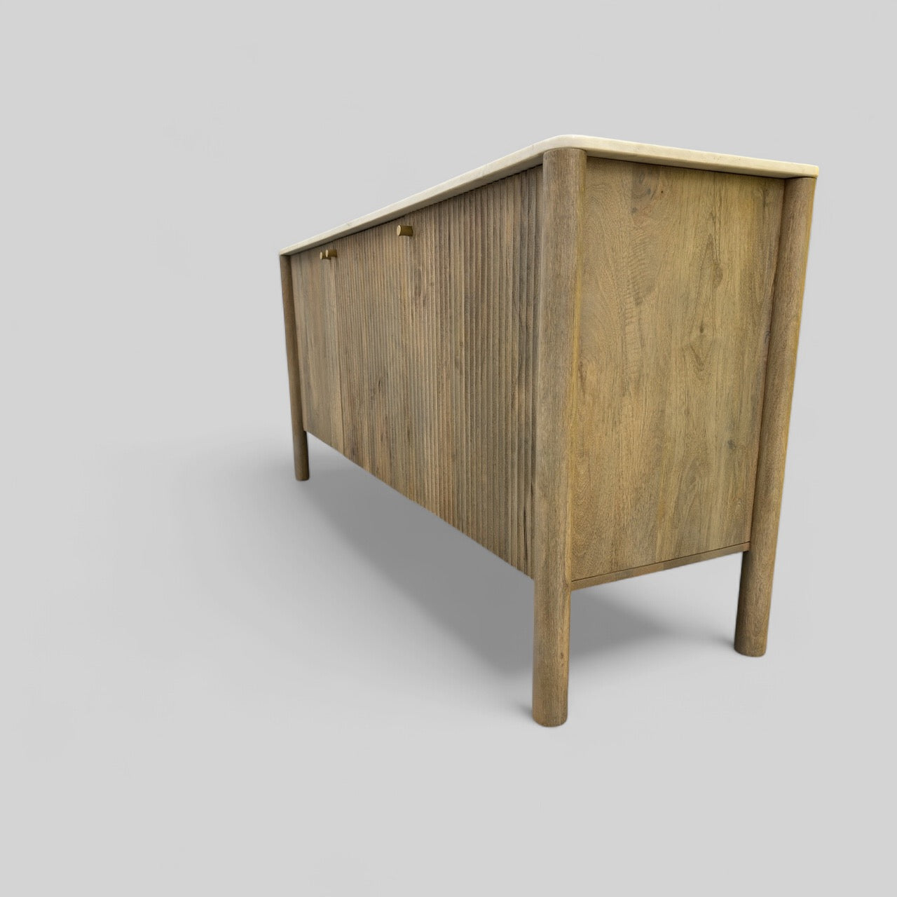 SOLID MANGO WOOD LARGE SIDEBOARD, WITH A STRIKING RIBBED FEATURE & A POLISHED CARRERA MARBLE TOP