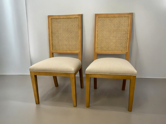 Oak & Rattan Back Chair with Fabric Covered Padded Seat, Set of 2