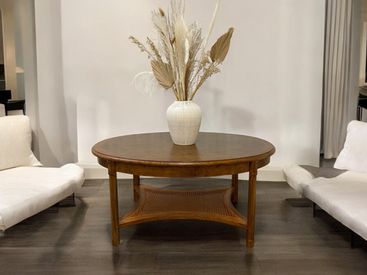 JOHN LEWIS 
HEMINGWAY OVAL COFFEE TABLE MADE WITH MELIA OAK SOLIDS & PIPPY OAK WITH WOVEN CANE SHELF RRP £699