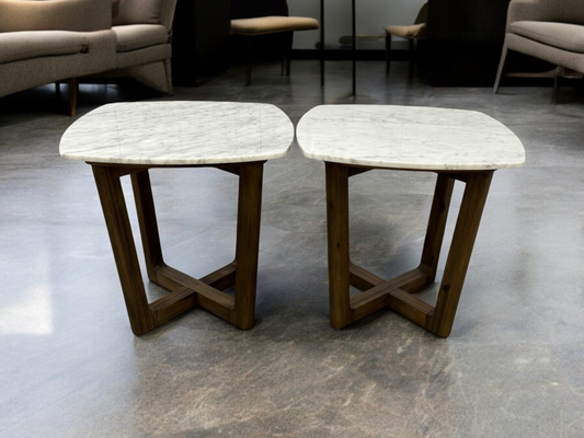 Oak Furnitureland Solid Acacia & Luxury Italian Carrara Marble Top Side Tables RRP £458