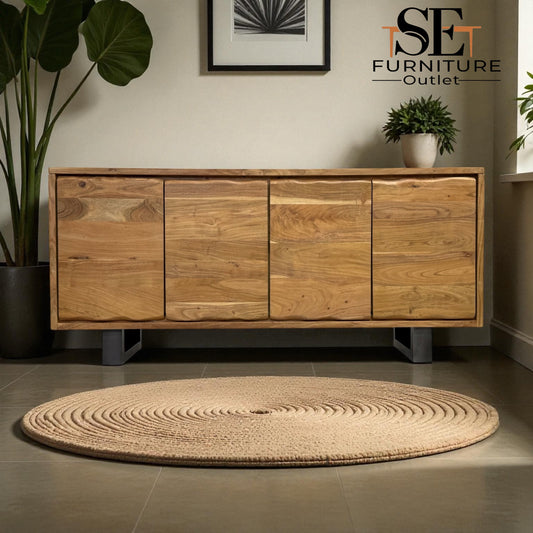 Chunky Solid Acacia Wood Live Edge 4-Door Extra Large Sideboard with Gun Metal Legs RRP £1299