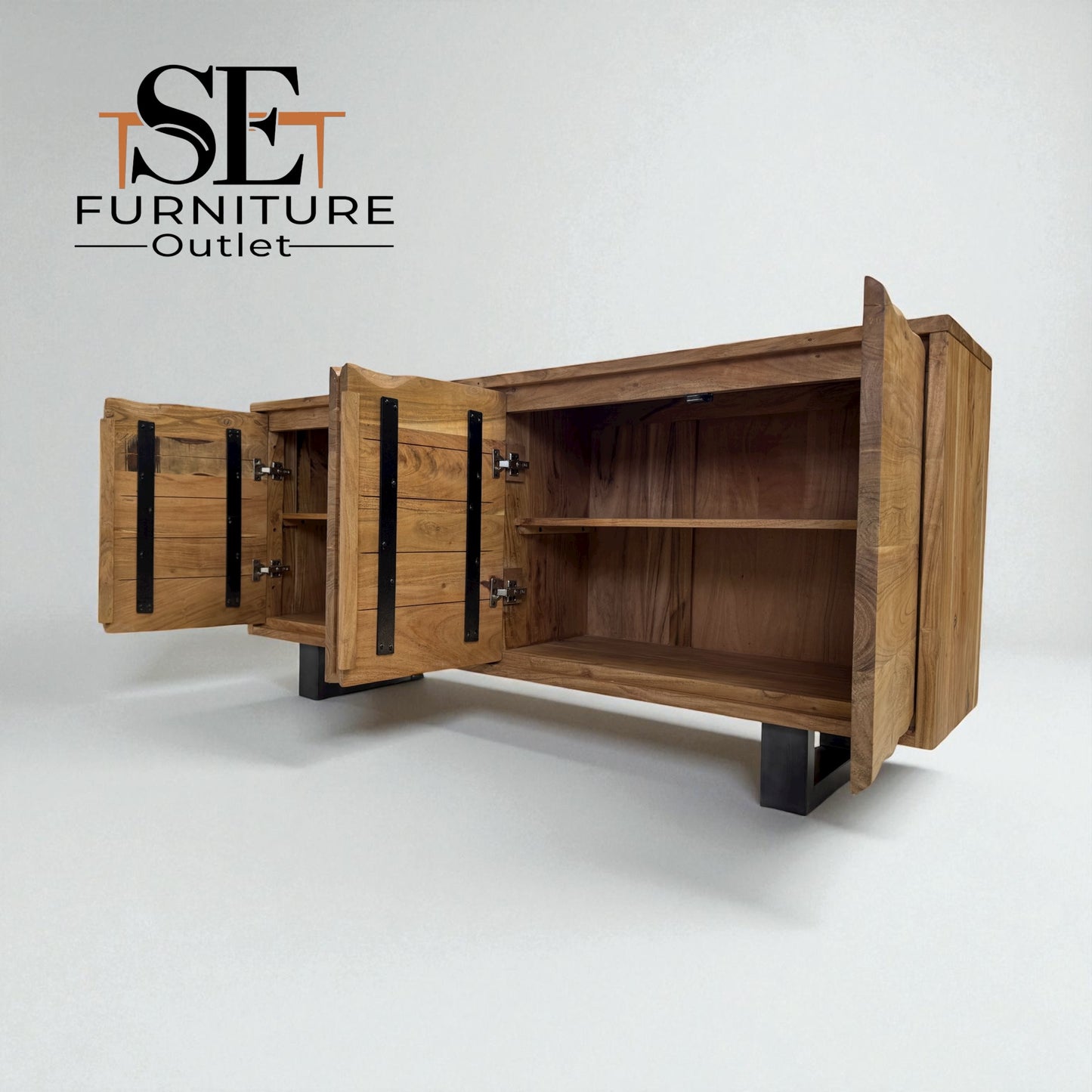 Chunky Solid Acacia Wood Live Edge 4-Door Extra Large Sideboard with Gun Metal Legs RRP £1299