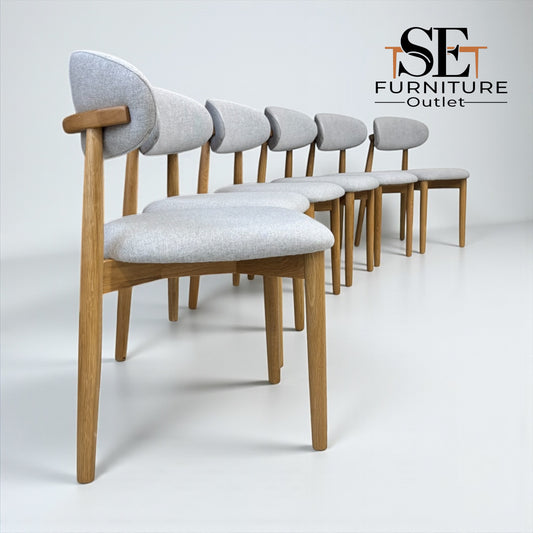 Set of 6 Cloud Grey Fabric Dining Chairs with Oak Legs, From Oak Furnitureland RRP £260 Each