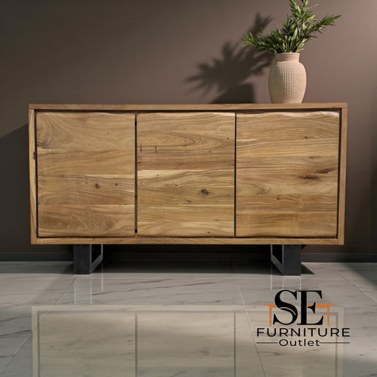 Chunky Solid Acacia Wood Live Edge 3-Door Large Sideboard with Gun Metal Legs RRP £999
