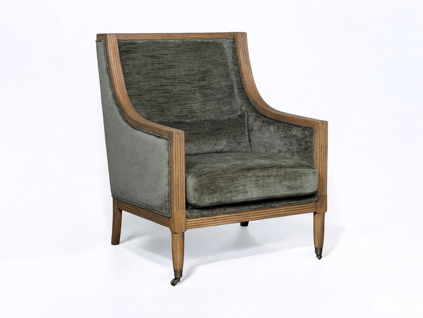 ALBURY OLIVE GREEN FABRIC & WOODEN FRAME ARMCHAIR ON WHEELS