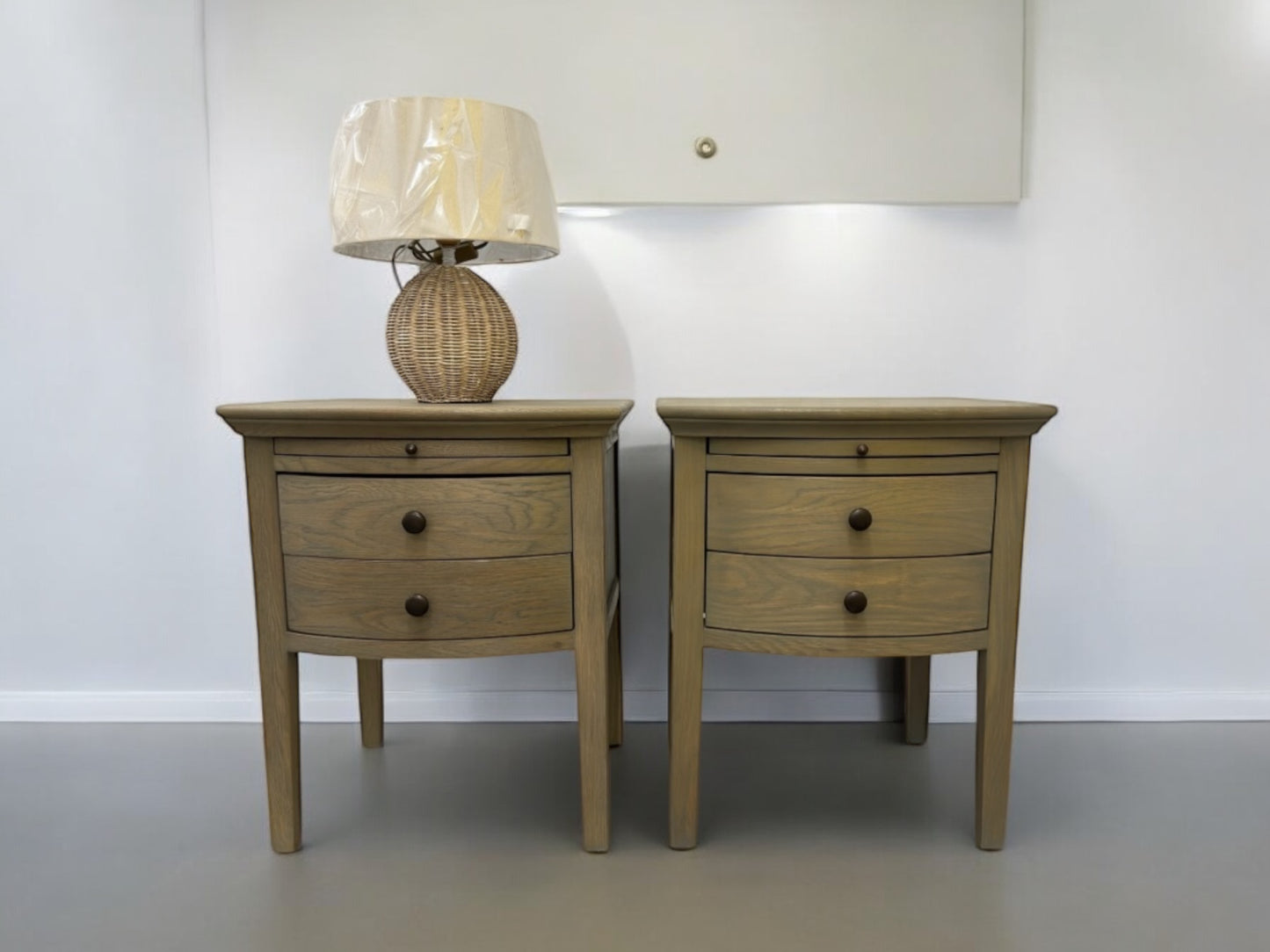 Solid Smoked Oak 2 Drawer Bow Fronted Bedside Tables With Pull-out Tray RRP £598